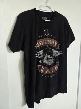 LG Black Johnny Cash Graphic Tee with Red Banner Accents